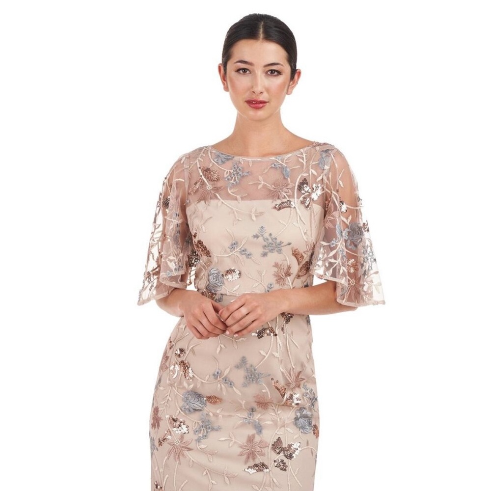 JS Collections Floral Embroidered Midi Dress in Cream and Gray